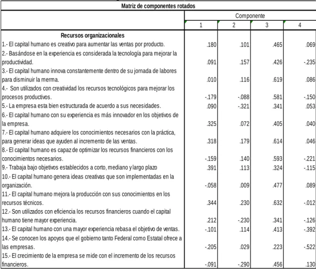 Cuadro 3.  Cargas del factor Productividad. 