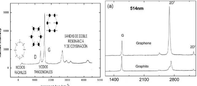 Figura 13. Espectro Raman con los picos correspondientes a los modos  normales de vibración característicos de materiales grafíticos (izquierda),  espectro Raman de grafito y grafeno (derecha)