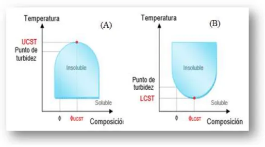 Figura 4. Diagrama de las transiciones LCST y UCST en materiales termosensibles [12]. 