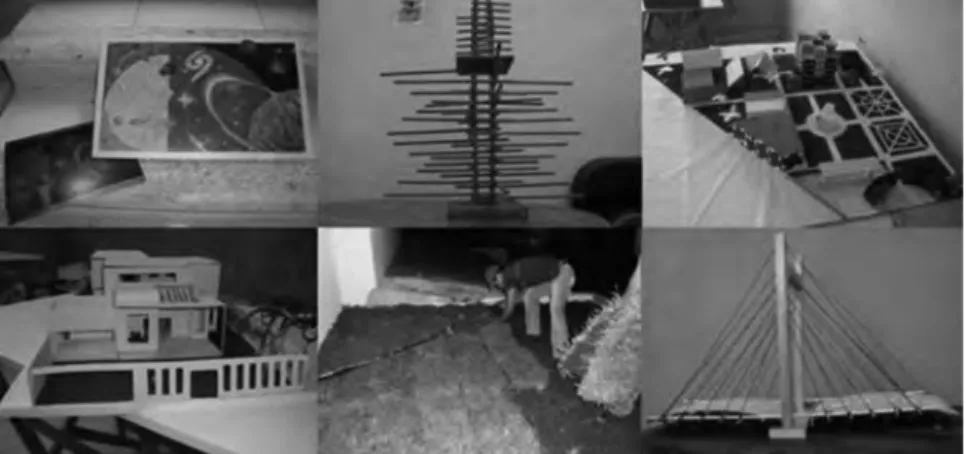 Figura 6. Diversos ejercicios de diseño. Arriba, a la izquierda, ejercicio de la clase de diseño básico  bidimensional; Centro, Diseño Básico tridimensional; derecha, proyecto urbano arquitectónico: 