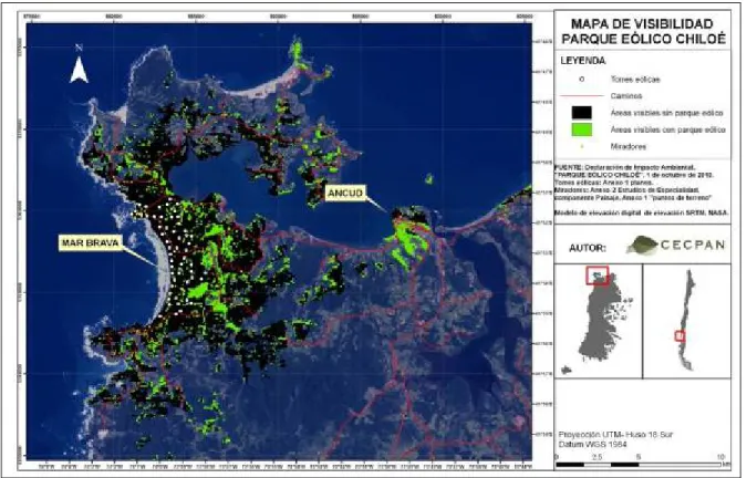 Figura 2: Mapa de visibilidad del Parque Eólico Chiloé, en negro zonas visibles sin  proyecto, en verde zonas visibles con proyecto