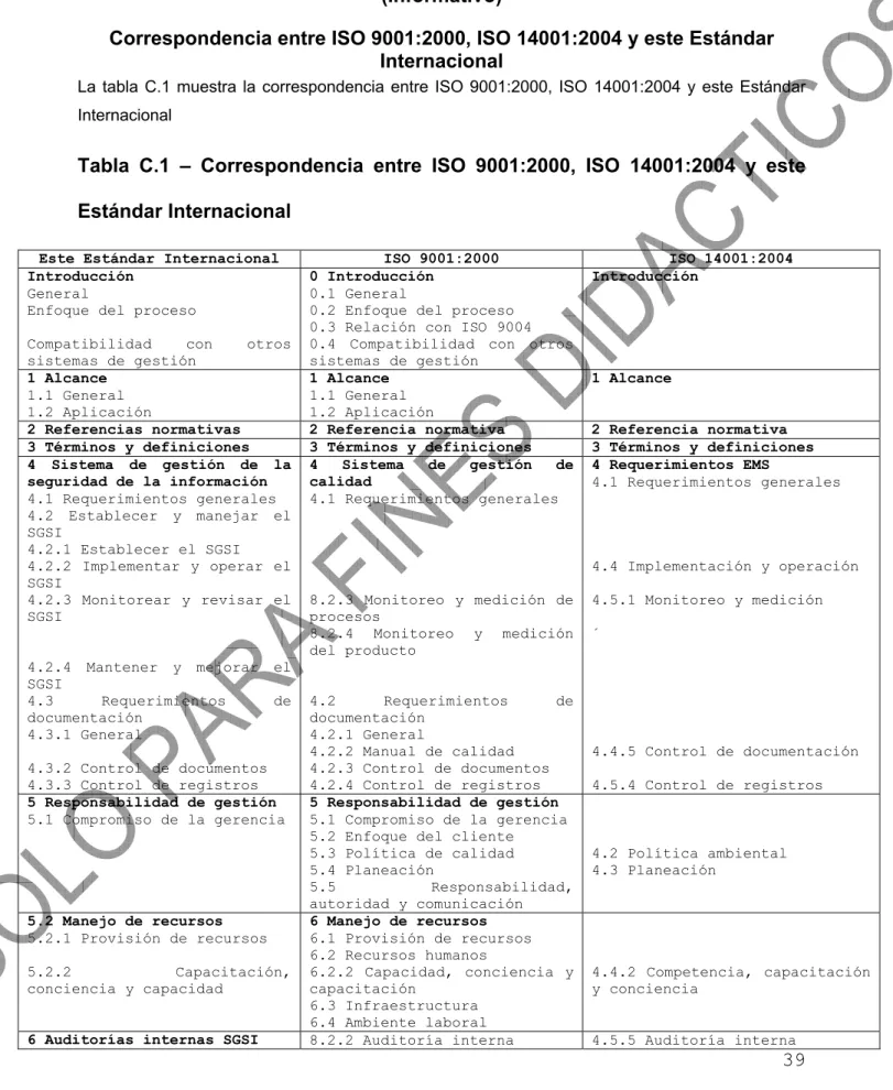 Tabla C.1 – Correspondencia entre ISO 9001:2000, ISO 14001:2004 y este  Estándar Internacional 
