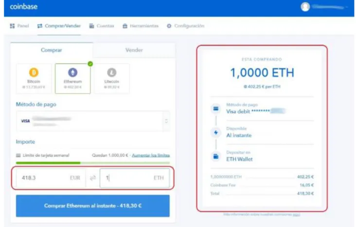Ilustración 11: Pestaña de compra de criptomonedas en Coinbase.  