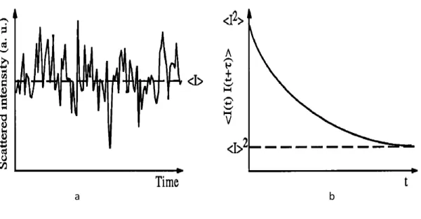 Fig.  3.4:  Fluctuations  in  the  scattered  intensity  (a)  and  the  intensity  auto-correlation  function(b)