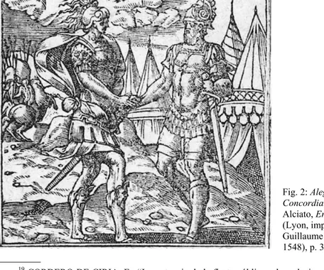 Fig. 2: Alegoría de la  Concordia. Andrea  Alciato, Emblemata  (Lyon, imprenta de  Guillaume Rouille,  1548), p