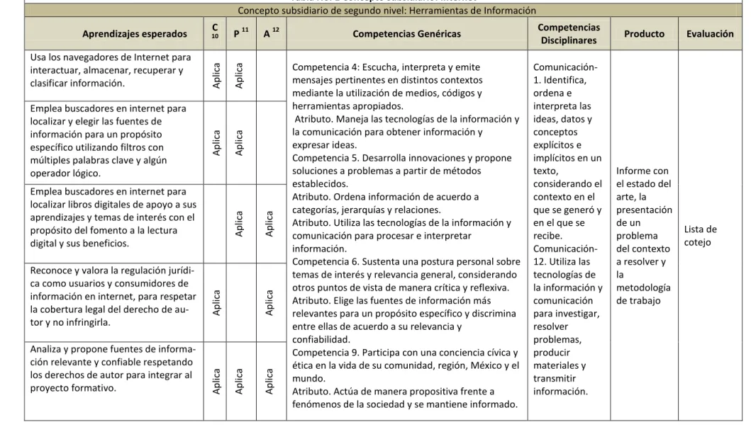 Tabla No. 1 Concepto subsidiario: Internet 