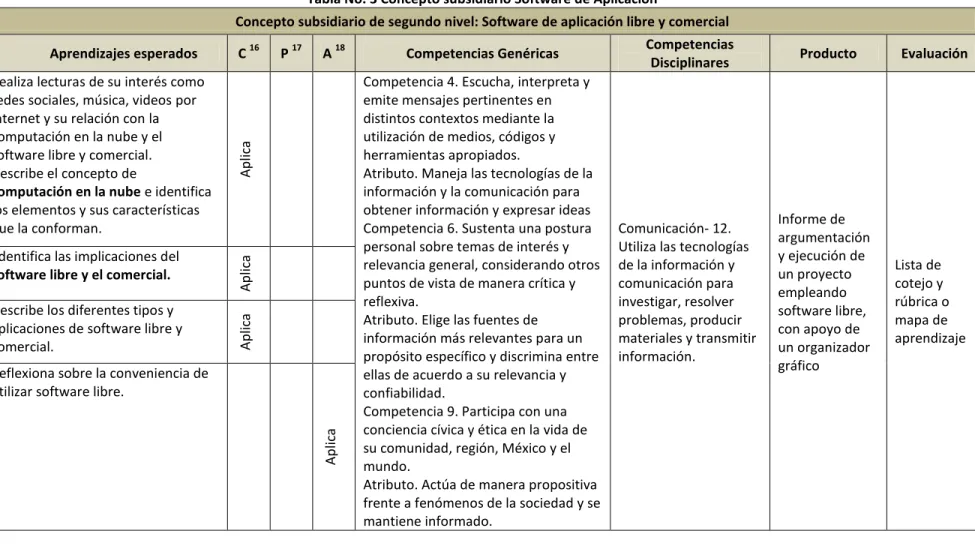 Tabla No. 3 Concepto subsidiario Software de Aplicación 