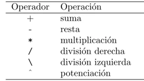 Tabla 1.1: Operadores Aritm´ eticos Operador Operaci´on + suma - resta * multiplicaci´on / divisi´on derecha \ divisi´on izquierda ˆ potenciaci´on