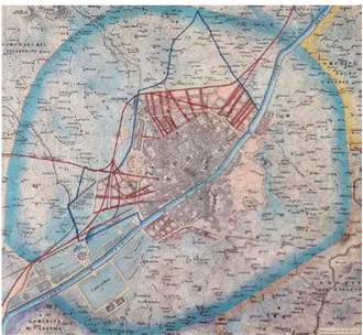 Figura 2. Implantación  del ferrocarril y   trazado del nuevo viario  en la ciudad de Florencia  Fuente: Elaboración  propia sobre el plano  Progetto di massima  per Il´ampliamento di  Firenze