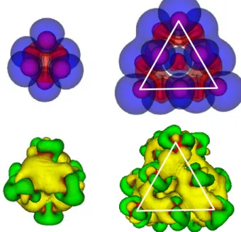 Figure 2.  Upper figures show the spatial distribution of spin polarization in the  cluster, ∆ρ spin ( ) = ρ up ( ) - ρ down ( ), where ρ up ( ) and ρ down ( ) are the density  of electrons with up and down spin orientation, respectively