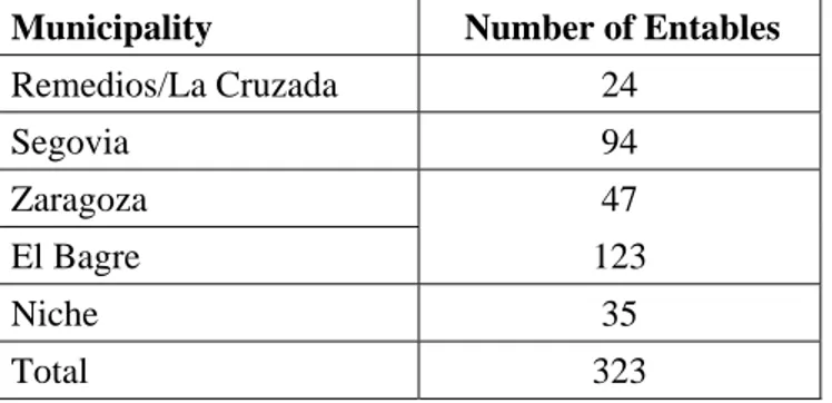 Table 2 – Number of “entables” in the 5 municipalities of the UNIDO Mercury Project 