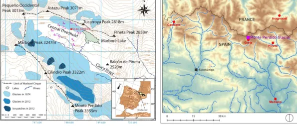 Figure 1. Monte Perdido study area and extent of ice cover at the culmination of the Little Ice Age (according to the map of Schrader, 1874) and in 2008