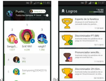 Fig. 2. Examples of gamification elements: a leaderboard (a) and a list of user’s trophies (b)
