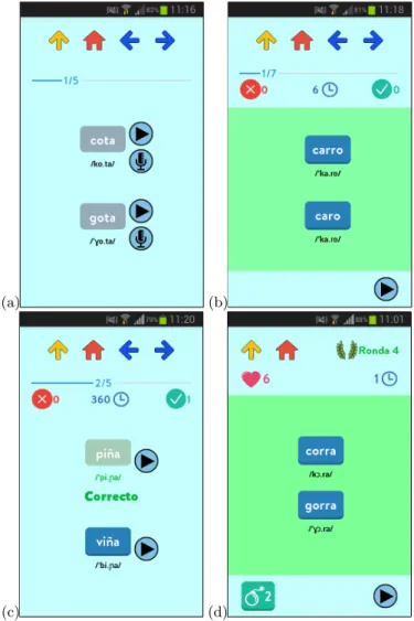 Fig. 3. Visual user interface of exposure (a), discrimination (b), pronunciation (c) and Infinite (discrimination variant) (d) modes.