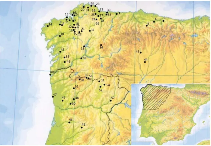 Fig  3.  Mapa:  Localización de  procedencia  de  los  torques: 1.Cangas  de  Onís. 