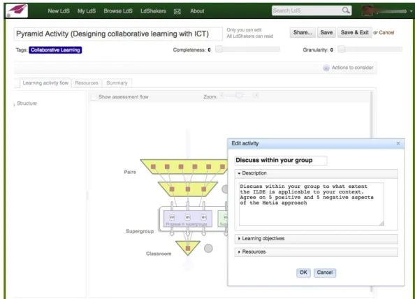 Figure 2. Screenshot of the ILDE showing the WebCollage authoring tool (the screenshot shows a design  based on the pyramid or snowball well-known collaborative learning pattern)