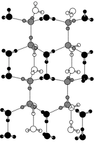 Figura 2.3 Estructura cristalina del hielo I. Las esferas grandes representan átomos de oxígeno y las pequeñas átomos de hidrógeno
