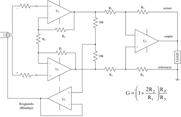 Figura 16.  Amplificador de Instrumentación con terminales de guarda, detección, y referencia