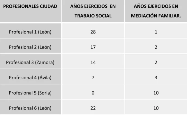 Tabla 1. Perfil de los profesionales. 