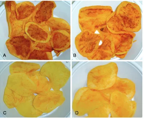Fig. 3.   Papas  tostadas  elaboradas  a  partir  de  las  diferentes  variedades:  (A)  MNF-41,  (B)  MNF-72,  (C)  MNF-80  y  (D)  Floresta.