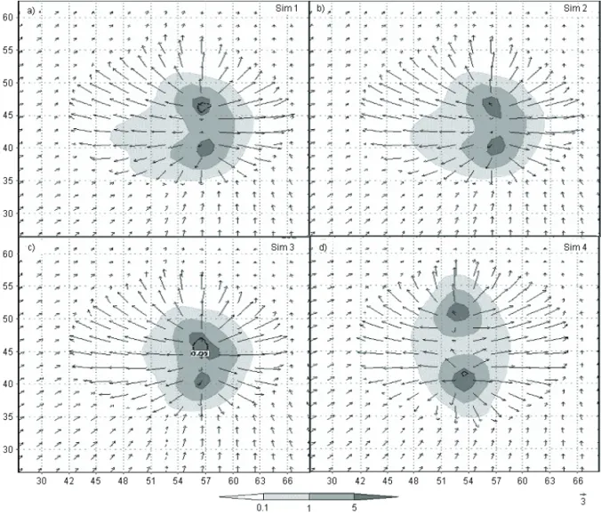 Fig. 10. Distribution of the total amount of rain (shaded areas) and hail (dotted line) on surface at 3120 s for all simulations
