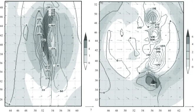 Fig. 3. Horizontal cross section at 2 km height. The shaded areas represent the vertical velocity and the isolines represent the vertical vorticity