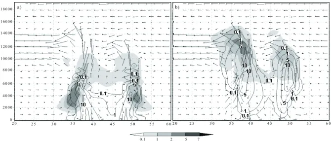 Fig. 4. Vertical cross sections passing through the plane of maximum updraft of RS (x = 56.5 km) at 3000 s