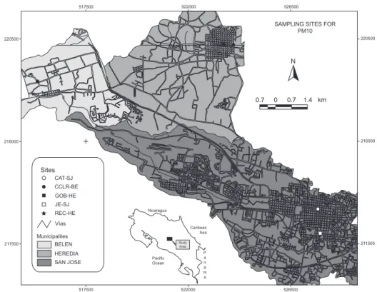 Fig. 1. Geographical distribution of the five sampling sites of PM 10  in the Metropolitan 