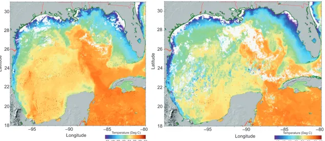 Fig. 6. Sea surface temperature images (ORSG, Johns Hopkins University). a) January 31 of 2005