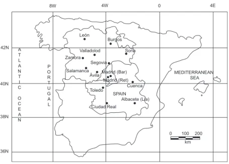 Fig. 8. Geographic location of the weather stations of the synoptic and  climatological network of the Instituto Nacional de Meteorología on the 