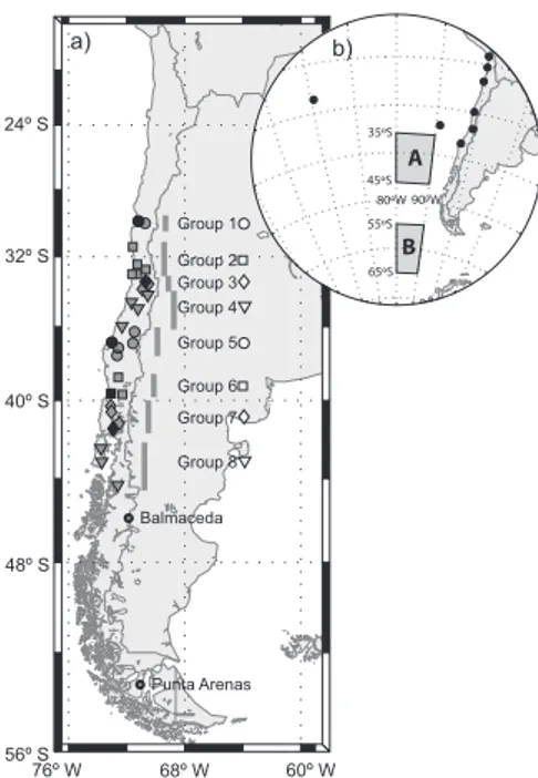 Fig.  2.  Station  network.  a)  Symbols  represent  stations  with  monthly  (gray)  and  daily  (black)  rainfall  data