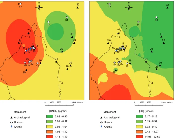 Fig. 2. Map of annual average sulfur nitric acid concen- concen-trations [HNO 3 ] (µg m –3 ) for 2007