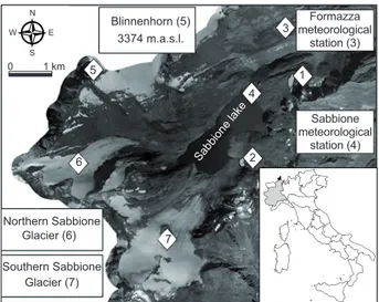 Fig. 1. Digital orthoimage of the study area: 1 and 2, rock  glaciers; 3, Formazza meteorological station; 4, Sabbione  meteorological station, 5, Blinnenhorn peak; 6, Northern  Sabbione Glacier; 7, Southern Sabbione Glacier (details in  the text)