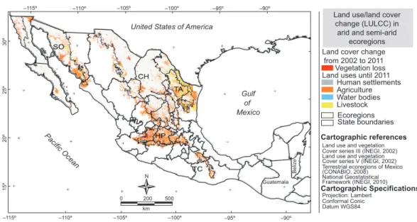 Fig. 4. Map of land use within the five arid and semi-arid ecoregions of Mexico, showing the main  anthropic activities until 2011 and changes in vegetation from 2002 to 2011.