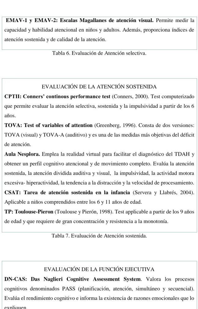 Tabla 6. Evaluación de Atención selectiva. 