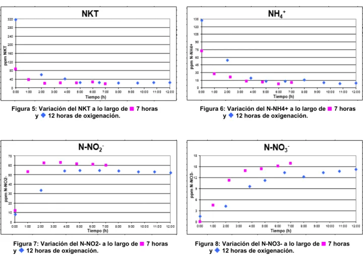 Figura 7: Variación del N-NO2- a lo largo de   7 horas                Figura 8: Variación del N-NO3- a lo largo de   7 horas                               y   12 horas de oxigenación
