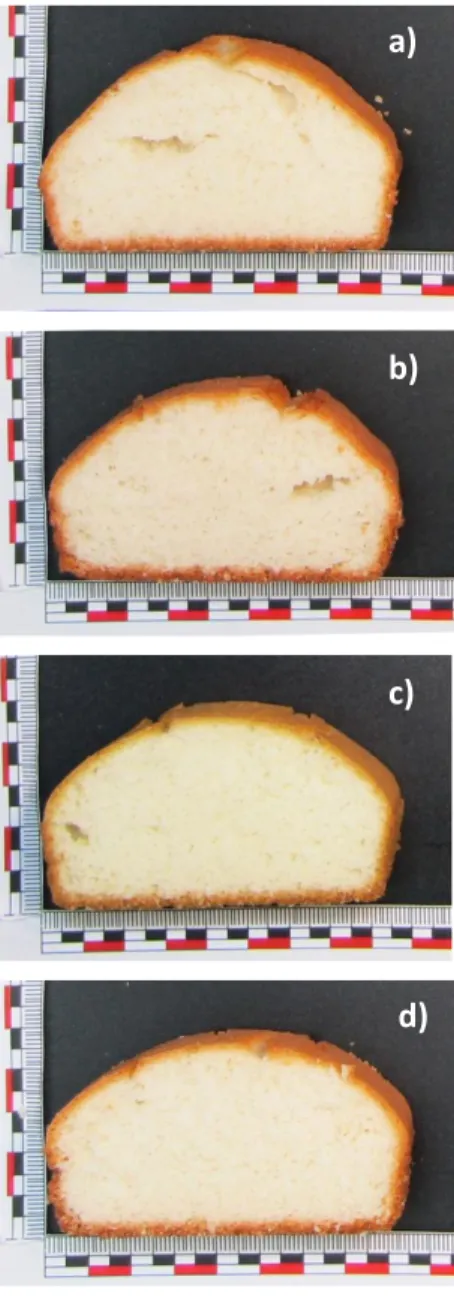 FIGURA  6. Imágenes de los bizcochos a) vista superior y de rebanada de bizcocho control b) vista  superior  y  de  rebanada  de  bizcocho  con  harina  mw-4  min;  c)  vista  superior  y  de  rebanada  de  bizcocho con harina mw-12min; e) vista superior y