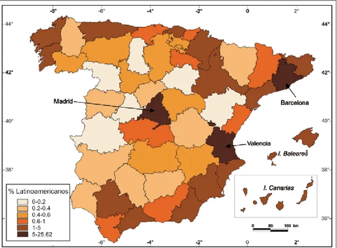 Figura 5. Mapa de la distribución de la población latinoamericana en España. Fuente: INE, Padrón municipal actualización, 2008.