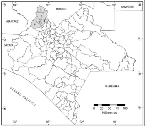 Figure  1.  Study  area  in  Region  V North of the state of Chiapas.  Municipalities involved:1