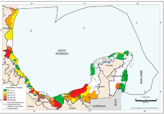 Figura 2. Localidades marginadas o aisladas en el área en estudio y expuestas a fuertes niveles de riesgo de inundación