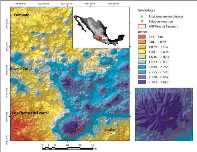 Figura 1. Modelo digital de elevación que muestra la localización geográfica del área en estudio Parque Nacional Pico  de Tancítaro y las estaciones meteorológicas empleadas para el análisis dendroclimático en la región oeste del estado de  Michoacán