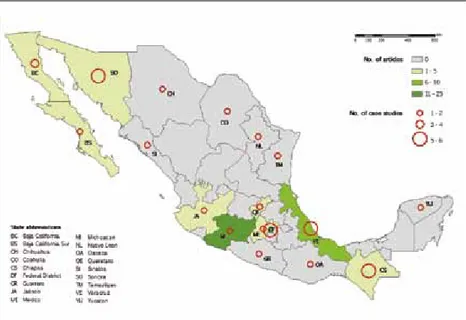 Figure 7 shows the spatial distribution of the 41  case studies carried out in Mexico; 26 of these are  found in the 49 selected papers (national on site  research), and the rest form part of papers  affilia-ted to other countries