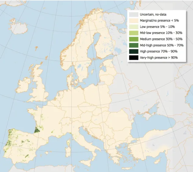 Figure  1. High  resolution  distribution  map  for  Pinus  pinaster  estimating  the  relative  probability  of  presence