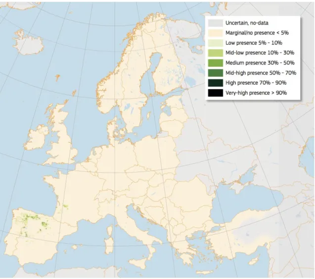 Figure  3.  High  resolution  distribution  map  for  Quercus  pyrenaica  estimating  the  relative  probability  of  presence