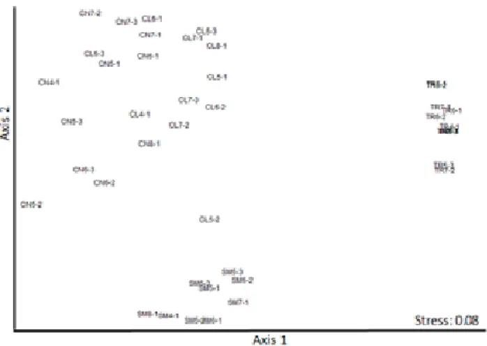 Figure 4. NMDS ordination procedure for fish community data  in  TR=  Tres  Reyes,  SM=  Santa  María,  CL=  Límite  and  CN=  Norte from 2004 to 2008