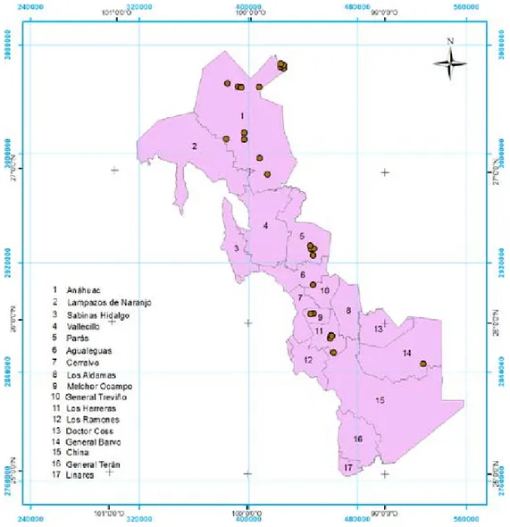 Figura 2. Polígono de la Gran Llanura de Norteamérica en Nuevo León y distribución municipal.