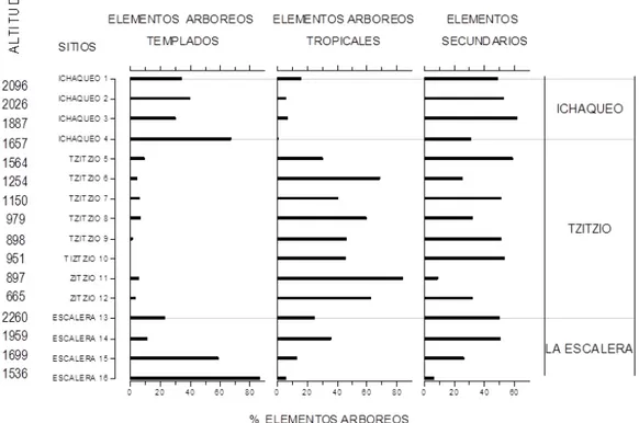 Figura 3. Resumen de la lluvia de polen por tipo de vegetación de los sitios de estudio en Michoacán.