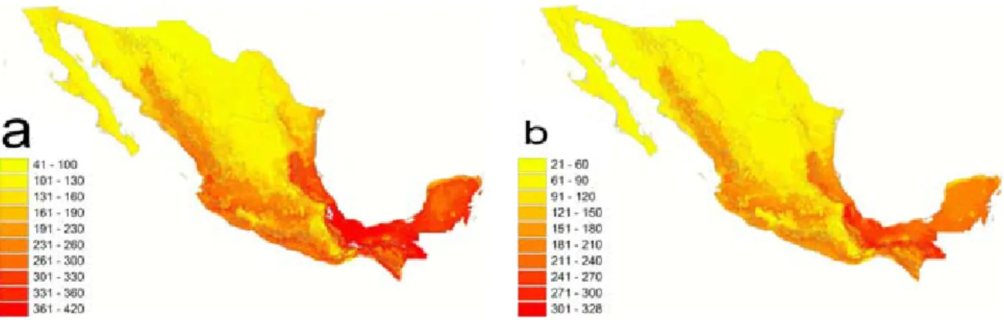 Figura 10. Distribución potencial de la riqueza de especies de aves de México, con base en los mapas de Navarro y Peterson (2007)