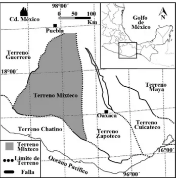 Figura 1. Mapa donde se observa la ubicación del terreno Mixteco (mo- (mo-dificado de Ortega-Gutiérrez, 1999)