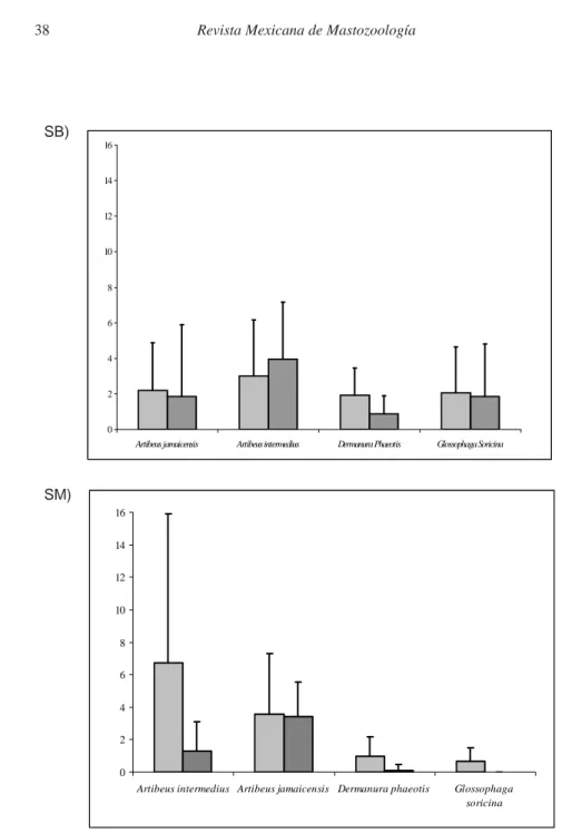 Figura 3a y b. Abundancia relativa de las cuatro especies de murciélagos comunes por año, en dos ambientes contrastantes en la Reserva de la Biosfera de Chamela Cuixmala, México.